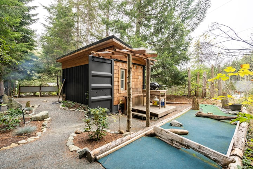 Outside view of a tiny house in Port Renfrew